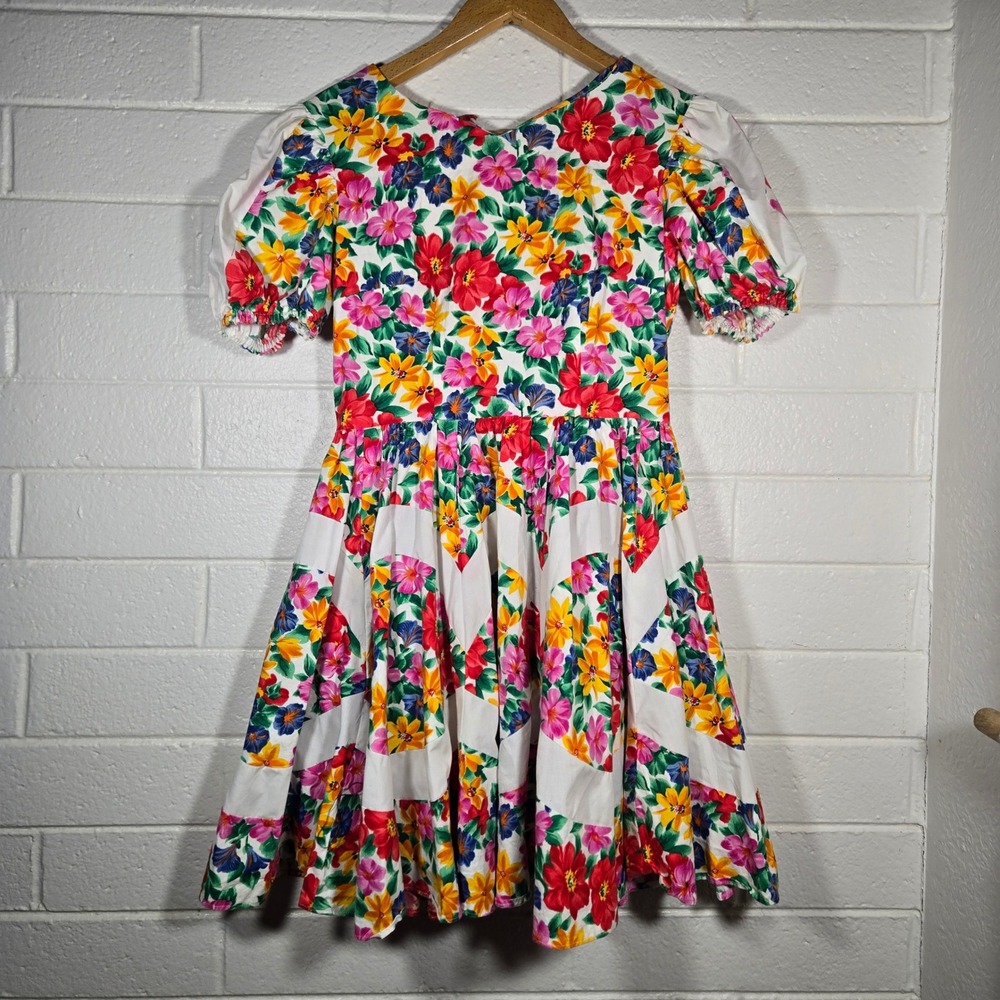 Vtg Handmade 1970s Floral Puff Sleeve Dress Medium Multicolor Easter‎ Church